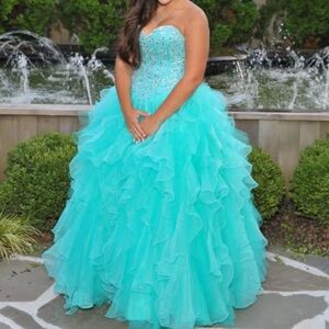 Mori Lee Turquoise Ruffled Ball Gown with Beaded Sweetheart Bodice